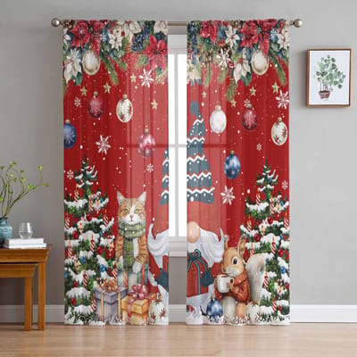 Dwerg Sneeuwvlok Kerstboom Bal Cadeau Kat Eekhoorn Transparante Gordijnen Kamerdecoratie Raamgordijn Keuken Tule Voile Gordijnen W135 x H115cm x1 red