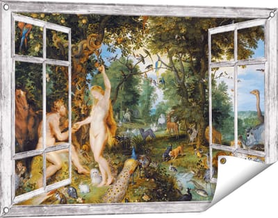 Gards Tuinposter Doorkijk Het Aardse Paradijs met de Zondeval van Adam en Eva - Jan Brueghel - 90x60 cm - Tuindoek - Tuindecoratie - Wanddecoratie buiten - Tuinschilderij