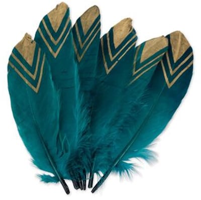 ARTYFETES - 6 etnische pauwblauwe en gouden veren 18-20 cm met glitter