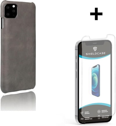 ShieldCase telefoonhoesje geschikt voor Apple iPhone 12 / 12 Pro - 6.1 inch vintage leren hoesje - grijs + glazen Screen Protector