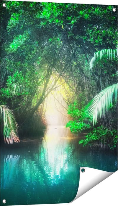 Gards Tuinposter Tropische Jungle met een Turquoise Meer - 60x90 cm - Tuindoek - Tuindecoratie - Wanddecoratie buiten - Tuinschilderij