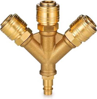 3-gang luchtverdeler met koppelingen, 1/4-inch aansluiting, messing plug en Y-verdeler voor compressoren en pneumatische systemen