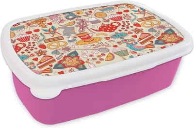 Broodtrommel Roze - Lunchbox - Brooddoos - Thee - Dieren - Snoepgoed - Regenboog - Patronen - 18x12x6 cm - Kinderen - Meisje