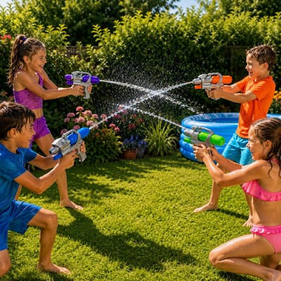 Benza Waterpistolen Set van 4 – 26 cm – Assorti Kleuren Oranje, Groen, Blauw en Paars – Kunststof Watergeweren – Zomer Speelgoed voor Buiten
