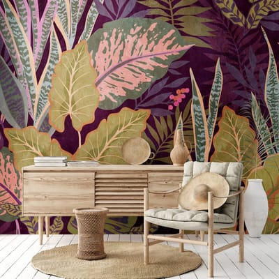 Fotobehang Profhome 382751-GU vliesbehang hardvinyl warmdruk in reliëf glad in jungle stijl mat purper groen beige roze 3,71 m x 2,8 m