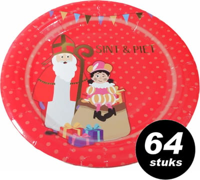 64x Sinterklaas wegwerpbordjes 'Sint & Piet' - 18 cm