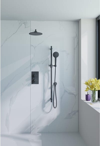 FugaFlow Eccelente Acces Inbouw Regendoucheset - thermostatisch - wandarm - glijstang - 25cm hoofddouche - ronde handdouche - metalen doucheslang - mat zwart