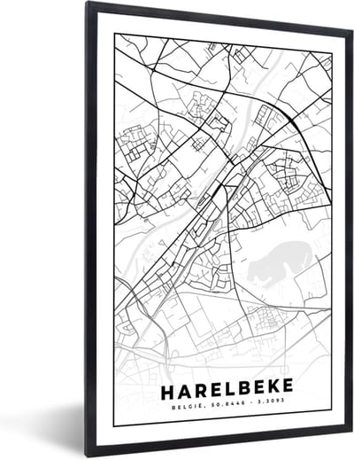 Fotolijst incl. Poster Zwart Wit- België – Harelbeke – Stadskaart – Kaart – Zwart Wit – Plattegrond - 40x60 cm - Posterlijst