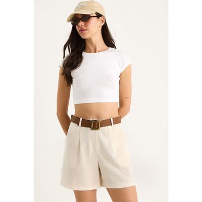 Linnenmix Relaxed Fit Brede Pijpen Shorts met Zakjes