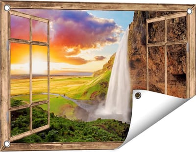 Gards Tuinposter Doorkijk Waterval in IJsland met Zonsondergang - 60x40 cm - Tuindoek - Tuindecoratie - Wanddecoratie buiten - Tuinschilderij