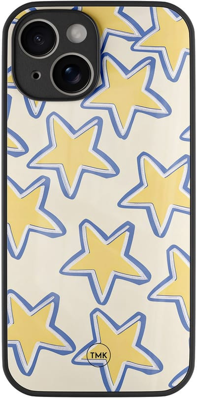 Hoesje geschikt voor Apple iPhone 14 - Retro stars - Blauw, Geel - TPU luxe case (glossy toplaag) - Print - Hardcase backcover zwart