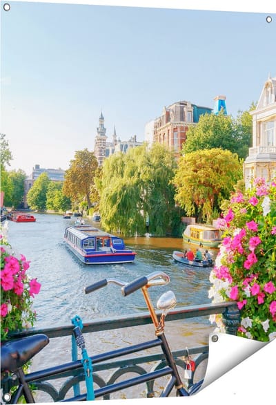 Gards Tuinposter Amsterdamse Kanaal met Bloemen - 80x100 cm - Tuindoek - Tuindecoratie - Wanddecoratie buiten - Tuinschilderij