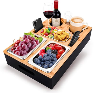 Snackbox, Dienblad, Bankbar,Met 2 RVS kommen & Kruidenbakje,Sofatdienblad,Afneembaar Magneetdeksel als Dienblad,Sofa En Bed Drankhouder En Couch Tray Tafel Voor Bank,Bed en Tuin