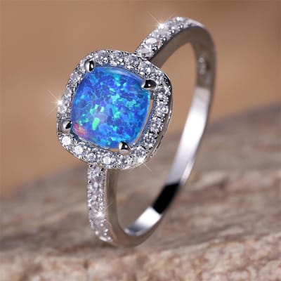 Bague de Fiançailles Carrée Opale Bleue Anneaux de Mariage pour Femmes Pierre ZC Ronde Blanche Bijoux Couleur Accessoire de Mode Simple Cadeau 6 blue