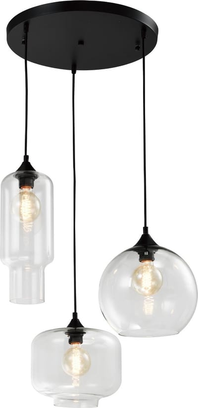 QUVIO Hanglamp retro - Hanglampen eetkamer - Lampen - Plafondlamp - Verlichting - Keukenverlichting - Lamp - E27 - Met 3 Lichtpunten - Voor binnen - D 40 cm - Metaal - Glas - Zwart