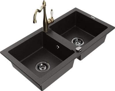 Mexen Mario granieten gootsteen 2-delig met keukenkraan Carla, zwart/goud metallic - 6504-75-670700-50-B