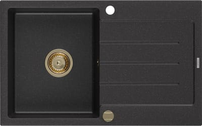 Mexen Bruno granieten gootsteen 1-komorige met afdruiprek 795 x 495 , zwart/zilveren metallic, gouden sifon - 6513791010-73-G