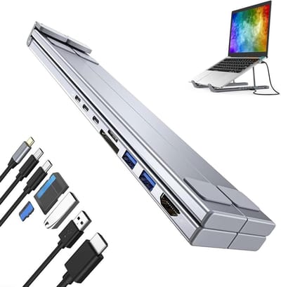 Laptop Docking Station - Verstelbare Laptopstandaard - Ergonomisch Werken - 8-in-1 Multipoort Adapter - Verstelbare Hoogte - Zilver