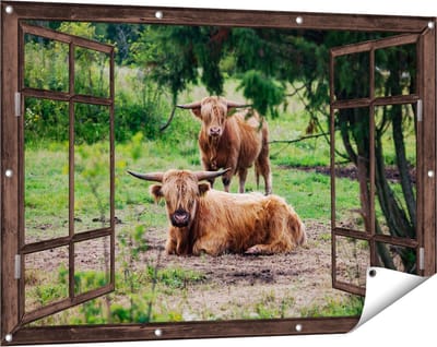 Gards Tuinposter Doorkijk Twee Schotse Hooglanders in de Bossen - 120x80 cm - Tuindoek - Tuindecoratie - Wanddecoratie buiten - Tuinschilderij