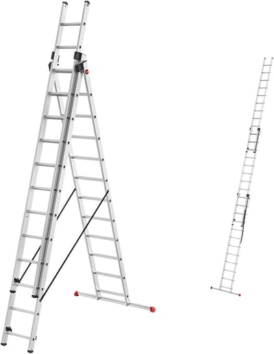 Hailo HobbyStep combi 3-in-1 aluminium combinatieladder | 3 x 12 geprofileerde sporten, tot 150 kg | Uitschuifladder, schuifladder en trapladder in één | incl. aluminium opklapbare trede | Gemaakt in Duitsland | zilver