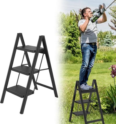 Vouwladder - Opstapkruk Huishoudladder - Veilig Werken Hoogte - Extra Brede Treden - 3 Treden - Zwart