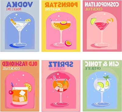 Cocktail Schilderen op Nummer Kit voor Volwassenen en Beginners, DIY Acrylverf Set voor Thuisdecoratie, 6 Stuks, 7.8 x 11.8 inch Zonder Lijst, Creatieve Activiteit en Kunstproject