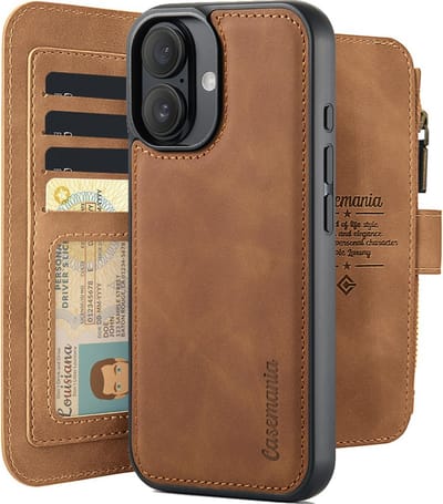 CaseMania Bookcase hoesje geschikt voor Apple iPhone 16 Plus - Effen Cognac - Kunstleer - Portemonnee met 14 Vakjes voor Pasjes en Ritsvak