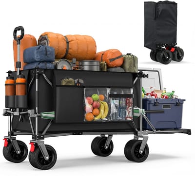 STILVORA Tuinkar – Opvouwbaar Met Verlengbare Achterklep – 140 cm – Staal – Zwart en Grijs – Voor Tuin, Strand en Boodschappen – Met Terreinwielen