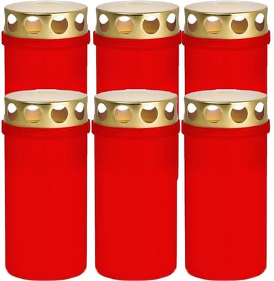 6x Rode grafkaarsen/gedenklichten met deksel 6 x 12,6 cm 2 dagen - Gedenkkaars - Graflichten/herdenkingslichten