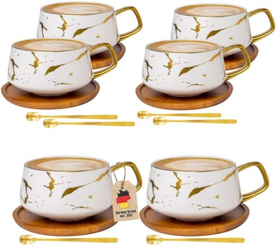 Intirilife 6x Kop keramiek met marmerdesign in Wit - ongeveer 200 ml - Koffiemok, theemok met houten onderzetter Mok