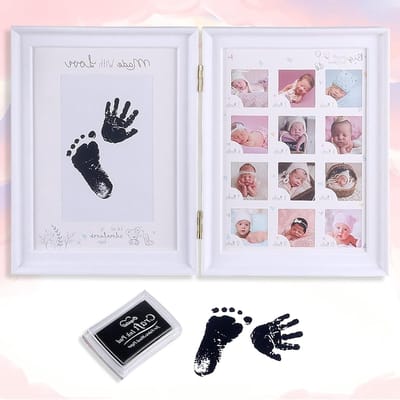 Baby Fotoalbum met Handafdruk en Voetafdruk, Groeirecord en Dubbel Fotolijstje, Perfect Kraamcadeau en Herinneringen Bewaren