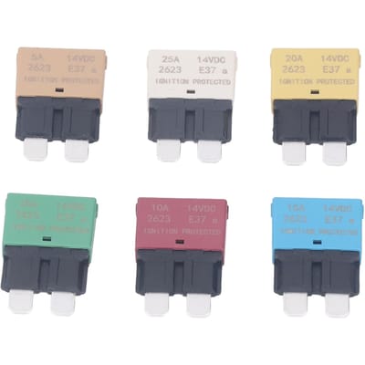 6 Stuks Automatische Reset Steekzekeringen Assortimentskit E37 ATM Mini Stroomonderbreker Beveiliging 5A 10A 15A 20A 25A 30A 14VDC beige