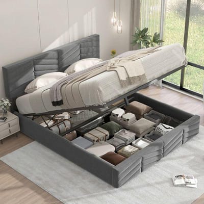 Bed - MUVOE - 140 x 190 cm - Verstelbaar hoofdeinde - Gestreept fluweel - Opbergfunctie grijs