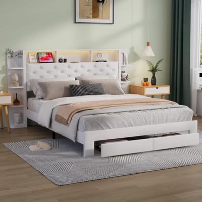 Tweepersoonsbed 160x200 cm Gestoffeerd met LED Verlichting en USB-poort - Inclusief Opbergruimte en Lattenbodem