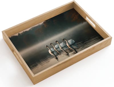 Dienblad hout 40x30 cm - Schootdienblad - Zwanen - Wit - Water - Mist - Borrelplank rechthoek - Plateau dienbladen