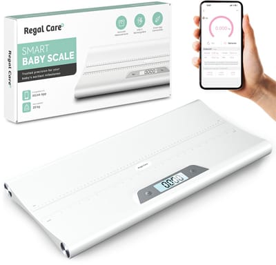 Regal Care® Digitale Babyweegschaal – Baby Weegschaal Digitaal – Dierenweegschaal - 5g Nauwkeurig – Bluetooth App – Auto Hold – Meetlint – USB-C Oplaadbaar – Opberghoes