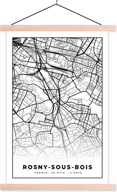 Posterhanger incl. Poster 40x60 cm - Schoolplaat - Kaart - Plattegrond - Rosny-sous-Bois - Frankrijk - Stadskaart - Zwart wit - Textielposter - Blanke latten - Stadskaart
