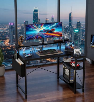 100 x 50 cm, L-vormig bureau met leds en stopcontacten, gamingtafel met 2 planken, computertafel met monitorstandaard, pc-werkplek voor thuiskantoor, zwart-Mobili Bella