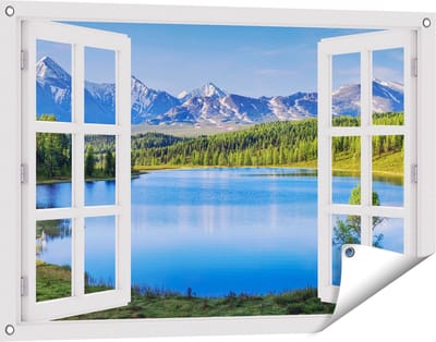 Gards Tuinposter Doorkijk Meer bij de Bergen in het Bos - 90x60 cm - Tuindoek - Tuindecoratie - Wanddecoratie buiten - Tuinschilderij