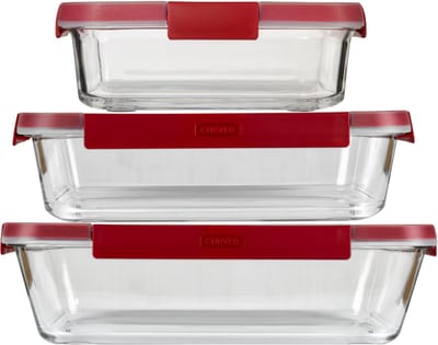 Curver Smart Cook Ovenschalen - Glas met deksel - Set van 0,9L + 2,3L + 3,7L - Rood/Transparant