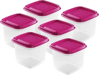 Hega Hogar Vershoudbakjes - set 6x stuks - 0.7 liter - transparant/fuchsia - L11 x B11 x H12 cm - Mealprep - Maaltijden bewaren