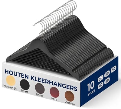 Famanu – Houten kleerhangers met antislip, set van 10, 360° draaibare haak met inkepingen