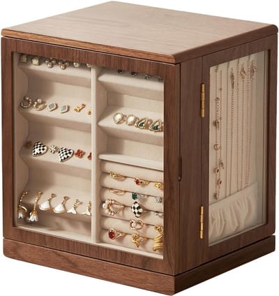 Elegante Houten Sieradenbox met 360° Rotatie, 5 Laden en Glazen Venster, Perfect voor Organisatie en Cadeau voor Haar