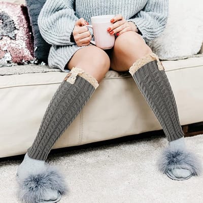 Famanu - Overknee beenwarmers met strepen, grote maat, warm en elastisch