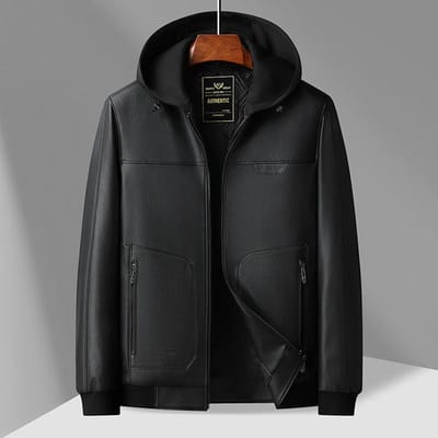 Leren Jas Heren Herfst en Winter Nieuwe Leren Jas met Capuchon Heren Business Casual Fluwelen Voering Leren Jas 4XL