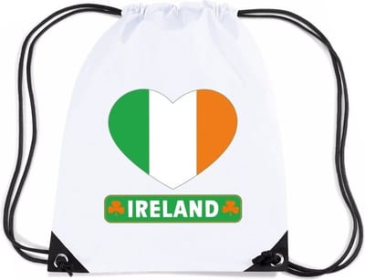 Ierland thema sporttas - nylon rijgkoord rugzak - wit met hartjes vlag print - supporters - 11 liter - 45 x 34 cm