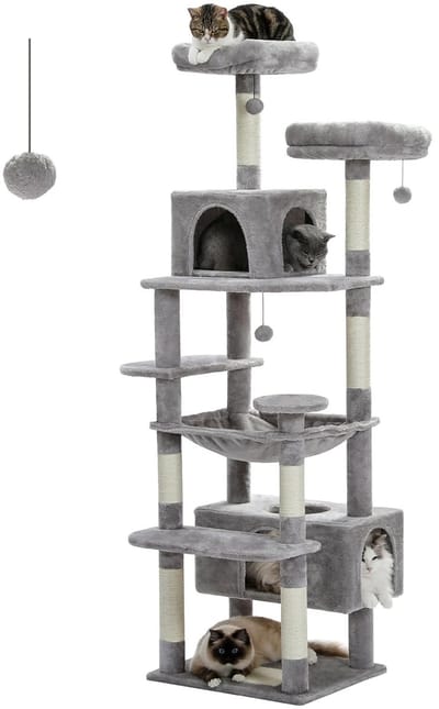 DailyDamaar krabpaal - Kattenspeelgoed - Kattentoren - Kattenmeubel - Hangmat - 44x40x136 cm - 5-lagen - Gewatteerd - Hout - Grijs