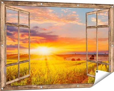 Gards Tuinposter Doorkijk Zonsopgang op het Ma�sveld - 120x80 cm - Tuindoek - Tuindecoratie - Wanddecoratie buiten - Tuinschilderij