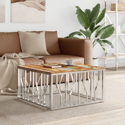 vidaXL - Salontafel - roestvrij - staal - en - massief - gerecycled - hout - zilver