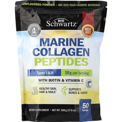 BioSchwartz, Marine Collageen Peptiden Poeder, Typen I en III, met Biotine en Vitamine C, Ongezoet, 500 g (17,6 oz)